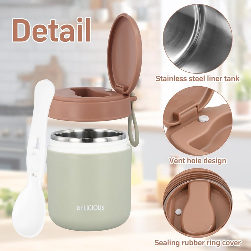 YILANJIN 2 pcs Insulated Food Flask with Foldable Spoon, 430ml Vacuum Insulated Food Container, Thermal Lunch Box for Hot Food Kids Stainless Steel, Leak Proof Soup Containers, Green&Pink - Image 3
