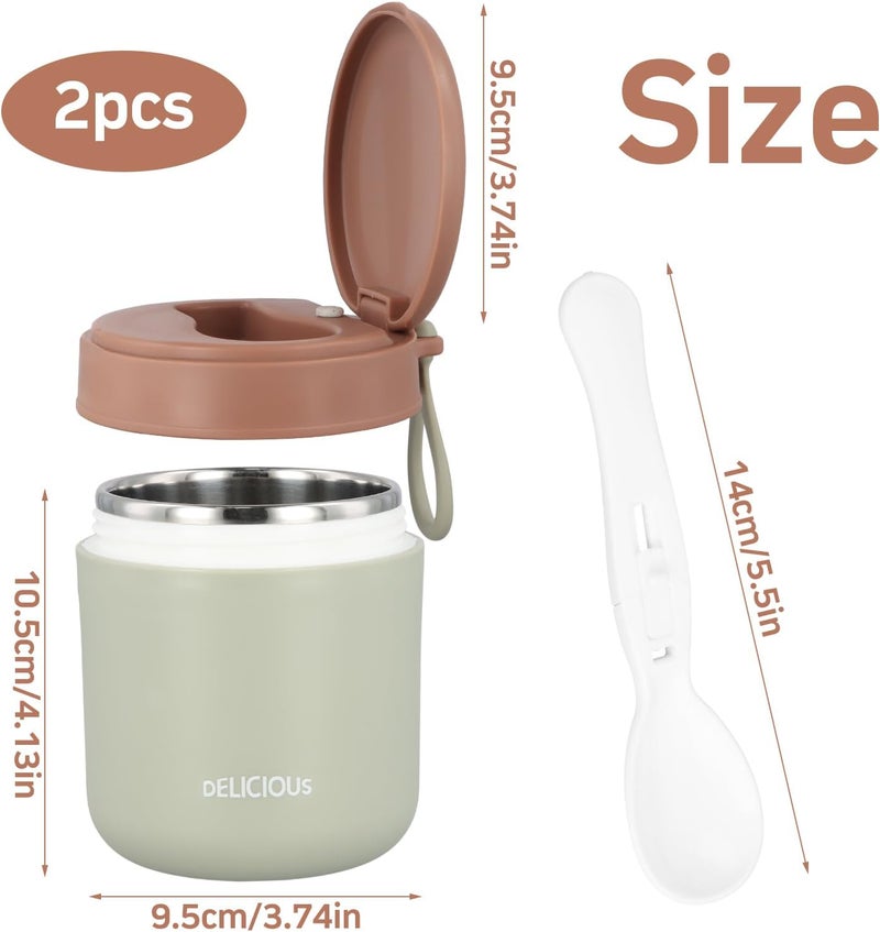 YILANJIN 2 pcs Insulated Food Flask with Foldable Spoon, 430ml Vacuum Insulated Food Container, Thermal Lunch Box for Hot Food Kids Stainless Steel, Leak Proof Soup Containers, Green&Pink - Image 2