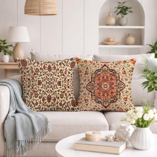 STITCHNEST Set of 2 Polycotton Cushion Covers – 24x24 Inches – Vintage Persian Floral & Medallion Print – Traditional Sofa Cushion Covers for Living Room & Home Decor - Image 1