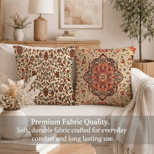STITCHNEST Set of 2 Polycotton Cushion Covers – 24x24 Inches – Vintage Persian Floral & Medallion Print – Traditional Sofa Cushion Covers for Living Room & Home Decor - Image 3
