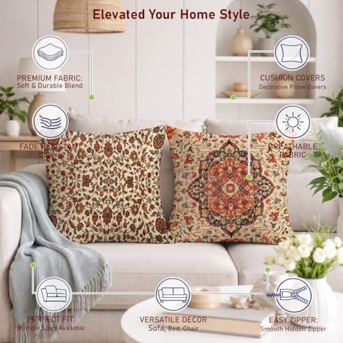 STITCHNEST Set of 2 Polycotton Cushion Covers – 24x24 Inches – Vintage Persian Floral & Medallion Print – Traditional Sofa Cushion Covers for Living Room & Home Decor - Image 4