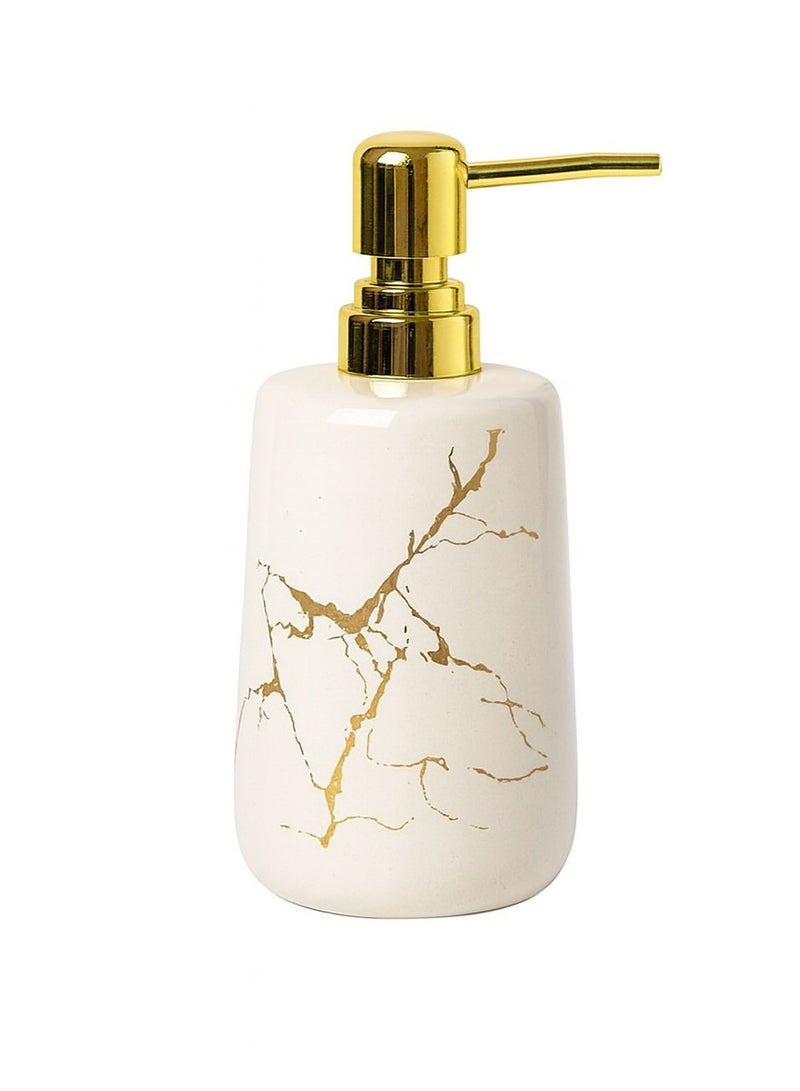 بيرام موزع سائل من طقم بيرهام الرخامي باللونين الذهبي والأبيض (أطراف مستديرة) – ضمن طقم مكوّن من 4 قطع يشمل موزع لوشن، حامل فرشاة أسنان، كوب، وصحن صابون. يتميز بمظهر رخامي فاخر مصنوع من السيراميك اللامع مع لمسة أنيقة وراقية. - Image 1