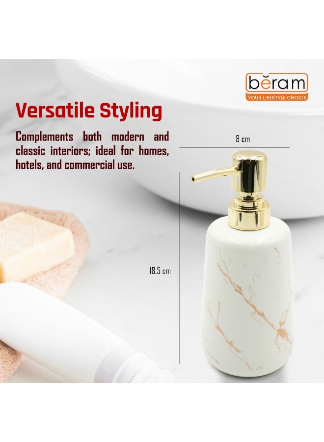 بيرام موزع سائل من طقم بيرهام الرخامي باللونين الذهبي والأبيض (أطراف مستديرة) – ضمن طقم مكوّن من 4 قطع يشمل موزع لوشن، حامل فرشاة أسنان، كوب، وصحن صابون. يتميز بمظهر رخامي فاخر مصنوع من السيراميك اللامع مع لمسة أنيقة وراقية. - Image 3
