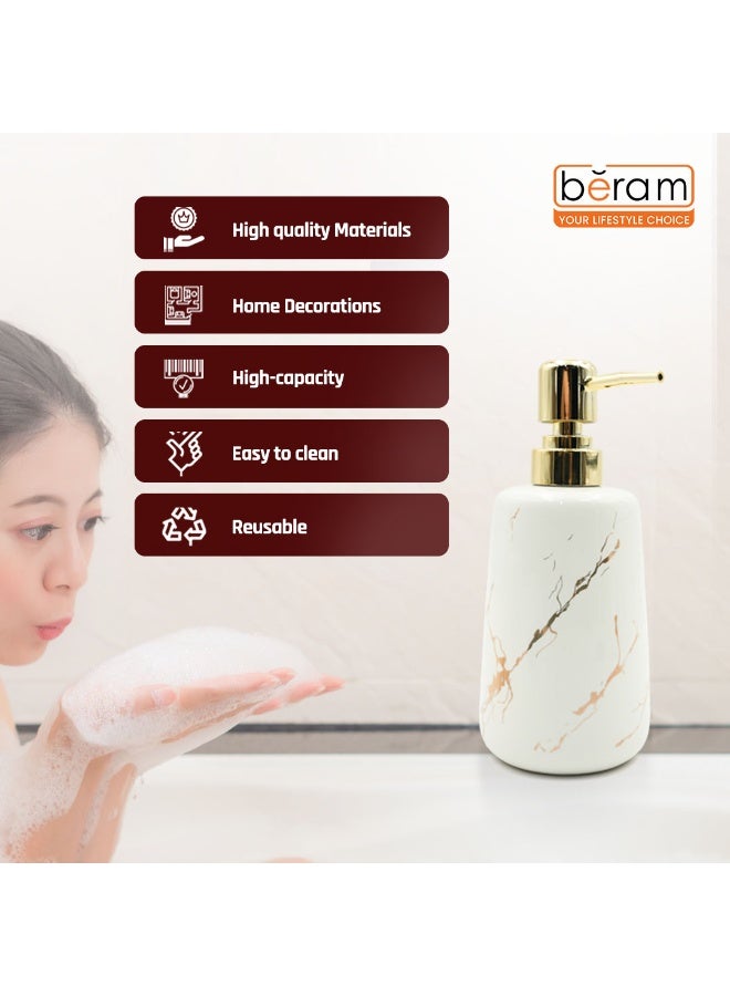 بيرام موزع سائل من طقم بيرهام الرخامي باللونين الذهبي والأبيض (أطراف مستديرة) – ضمن طقم مكوّن من 4 قطع يشمل موزع لوشن، حامل فرشاة أسنان، كوب، وصحن صابون. يتميز بمظهر رخامي فاخر مصنوع من السيراميك اللامع مع لمسة أنيقة وراقية. - Image 2