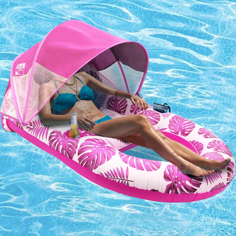 COOLCOOLDEE Pool Lounge Float with Canopy UPF50Extra Large Pool Floats for Adults Heavy DutyInflatable Lounger Float with Cup Holder BackrestFootrestPink - Image 2