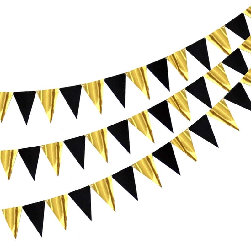 TOYXE Paper Pennant Triangle Buntings Flags Banner Set of 3 Golden Black - Image 3