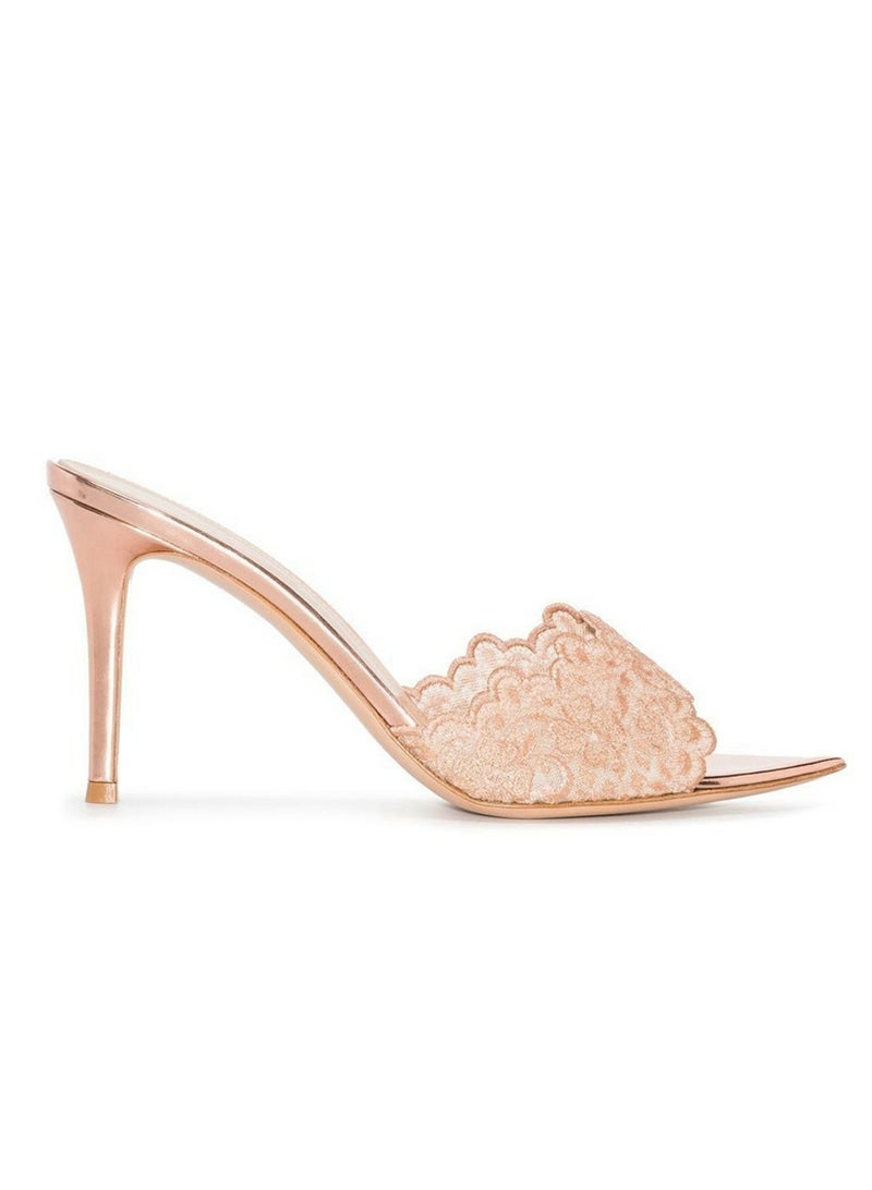 Loquat Women's Embroider Pointed Toe One Line Design High Heeled Sandals Stiletto Heel Open Toe Slip On High Heels Slippers Champagne 8.5CM  - Image 1