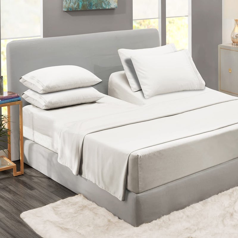 Clara Clark Clara Clark Flex Top King Sheets 6 Piece Set  Hotel Luxury Sheets for Top Split King Bed Super Soft Bedding Set Head Split King White 