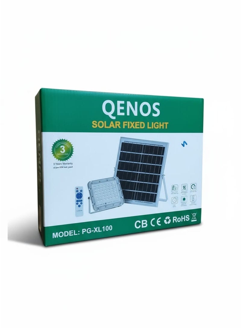 Qenos 100W Solar Powered Outdoor LED Floodlight with Solar Panel and Remote Control - White 6500K - Image 3