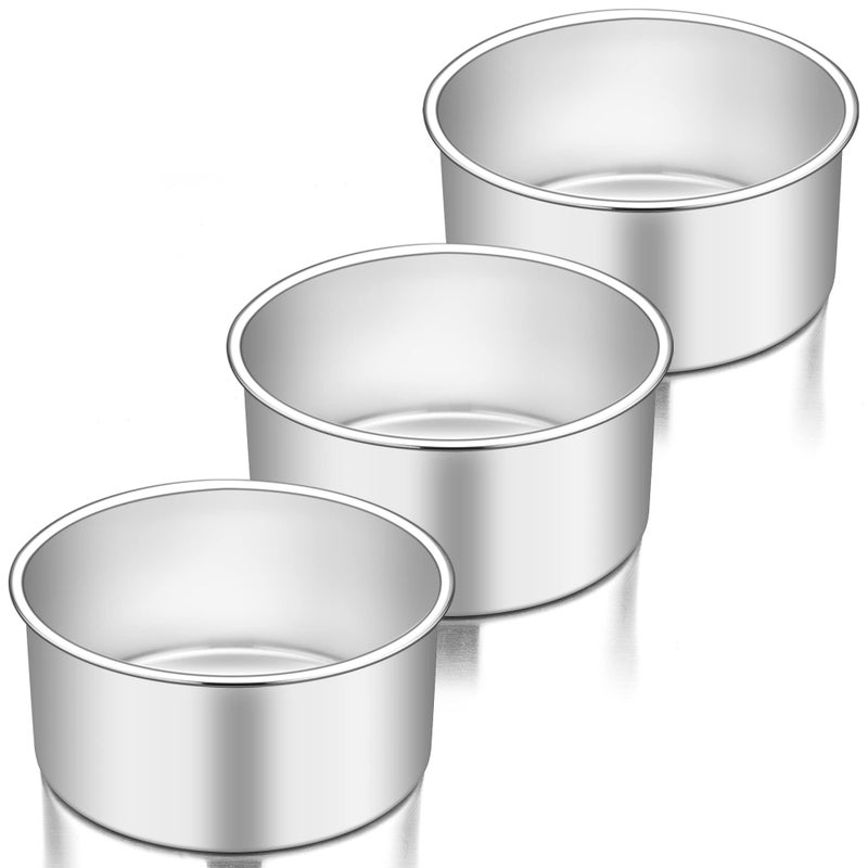 طقم صينية كعك TeamFar 6 بوصة من 3 6 × 3 صينية كعك دائرية عميقة للخبز من الفولاذ المقاوم للصدأ لحفلات عيد الميلاد والزفاف والصحة خالية من السموم حجم مستقيم عميق آمن في الفرن وغسالة الصحون