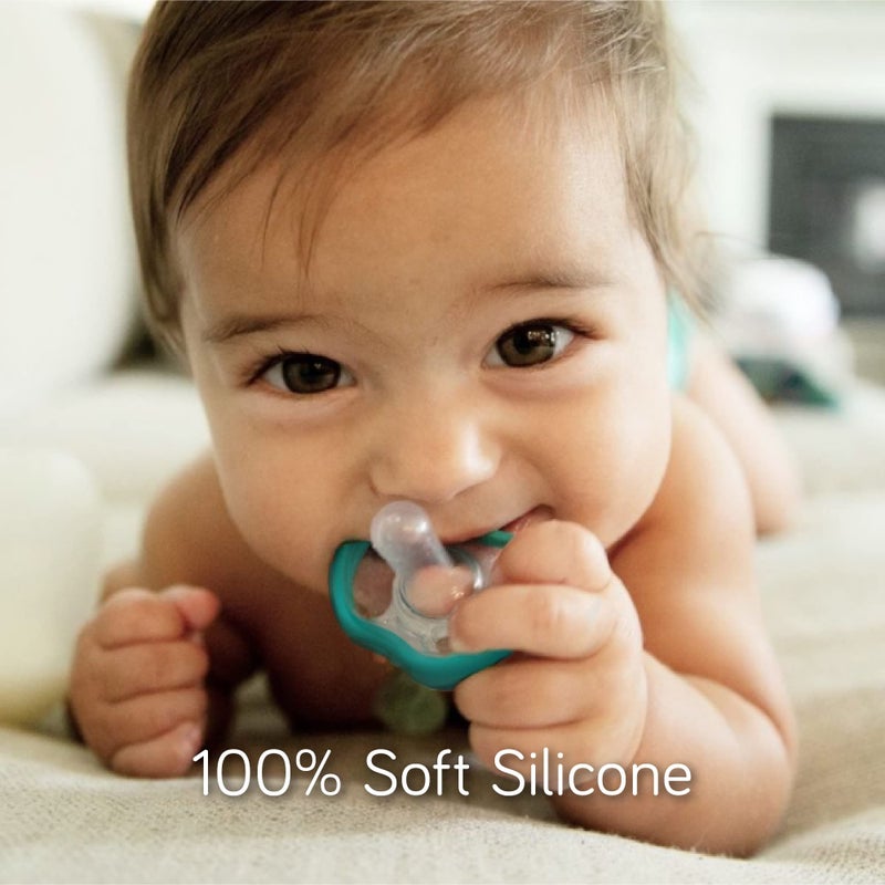 NANOBÉBÉ Nanobebe Active Baby Pacifiers 4-36 Months - Orthodontic, Lightweight and Vented, Curves Comfortably with Face Contour, 100% Silicone - BPA Free, Perfect Baby Registry Gift 4pk, Teal/Grey - Image 4