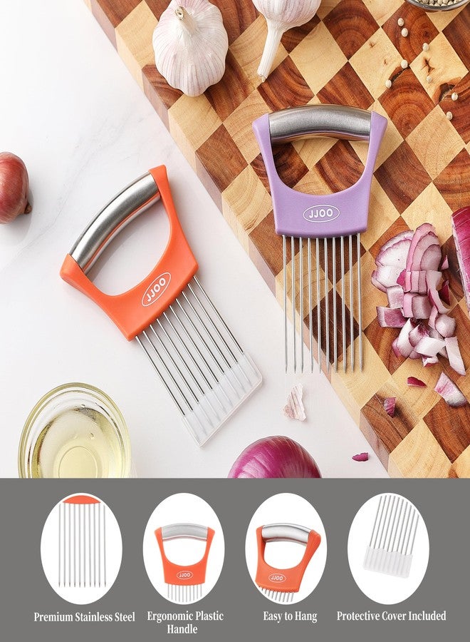 JJOO 2PCS Onion Slicer Holder, JJOO Stainless Steel Onion Cutter for Slicing and Storage Onions, Tomato, Eggs and Vegetables, Protective Cover Included, Dishwasher Safe (Stylish orange+ Purple Color) - Image 5