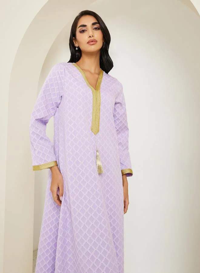Amirah  Women Purple Jacquard Jalabiya with Gold Trim for Women | Best Price UAE