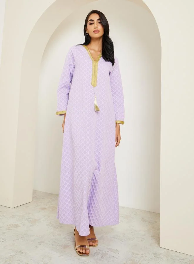Amirah  Women Purple Jacquard Jalabiya with Gold Trim for Women | Best Price UAE