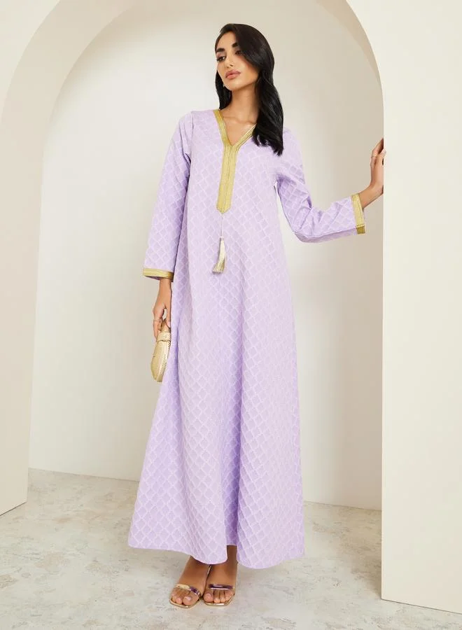 Women Purple Jacquard Jalabiya with Gold Trim