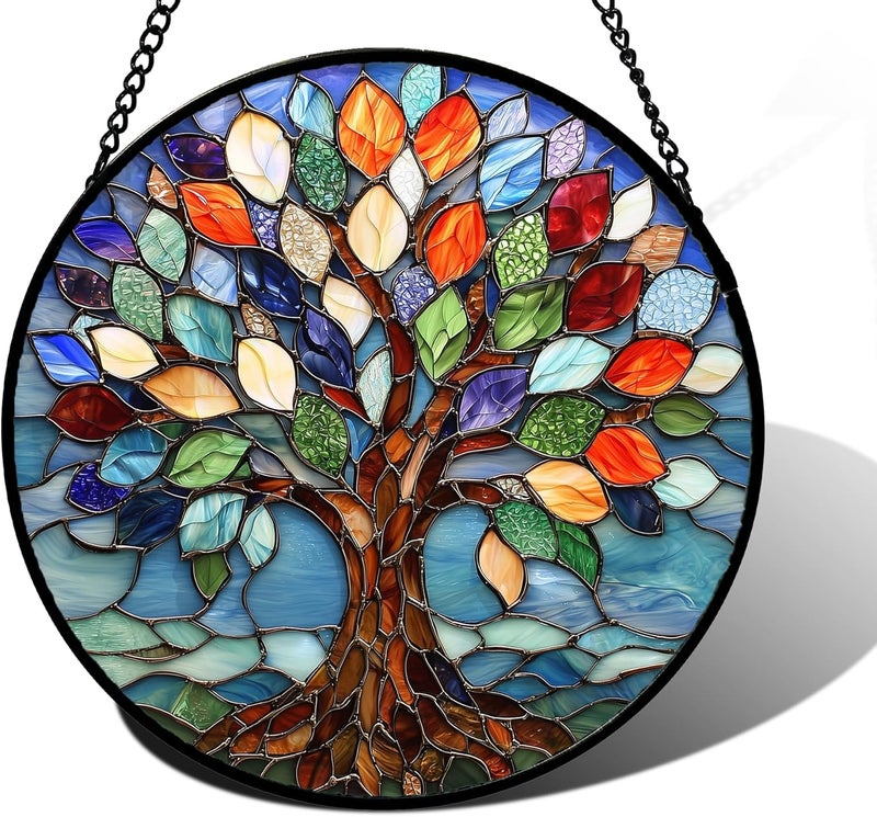 DASTOLL Stained Glass Window Hanging, Colorful Tree of Life Sun Catchers Glass Panel Blue Suncatcher Decor for Birthday for Women, Men, Wife, Aunt, and Mom 7.8 in - Image 1