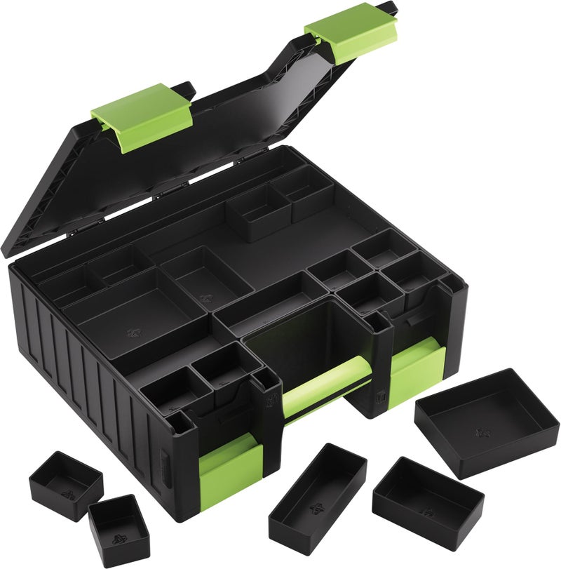 Gamegenic Game Castle - All-in-One Double-Sided Storage Case for Cards and Gaming Accessories, 19 Removable Trays in 5 Sizes, Ideal for Cards, Tokens, Dice and Tools, Black/Green Color, Made - Image 4