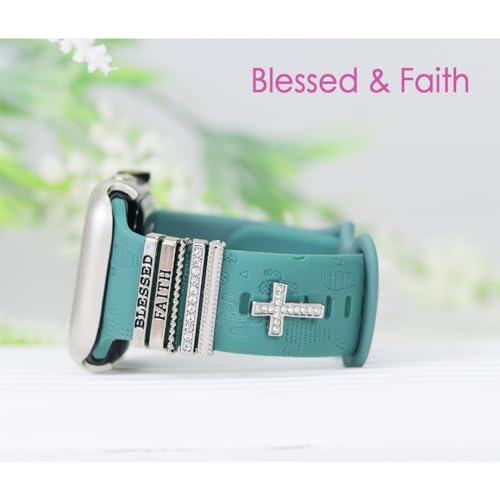 ESWEUOOM Women Blessed and Faith Cross Watch Band Charms for Apple Watch 38mm 40mm 41mm 42mm 44mm 45mm 49mm , Men Silver Metal Slide Decorative Rings Loops For iWatch series 8 7 6 5 4 3 2 se,For Samsung Galaxy watch 5/4, Smart Watchband Charms Studs Accessories - Image 2