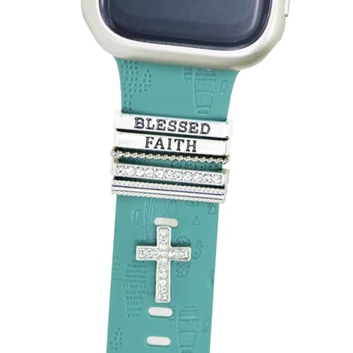 ESWEUOOM Women Blessed and Faith Cross Watch Band Charms for Apple Watch 38mm 40mm 41mm 42mm 44mm 45mm 49mm , Men Silver Metal Slide Decorative Rings Loops For iWatch series 8 7 6 5 4 3 2 se,For Samsung Galaxy watch 5/4, Smart Watchband Charms Studs Accessories - Image 1