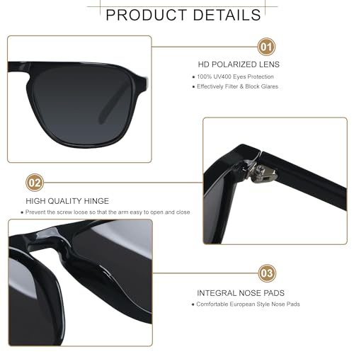 ANDWOOD Square Aviator Sunglasses Polarized Mens Womens UV Protection Sun glasses Black Shades - Image 5