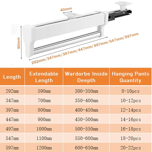 MAFAGE Pull Out Closet Valet Rod Adjustable Sliding Heavy Duty Steel Top Mounted Clothes Storage Hanger Rail for Closet Wardrobe 292mm115inch - Image 3