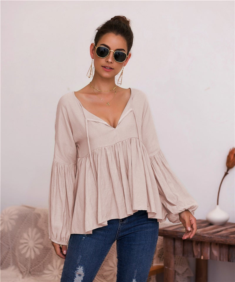Spring/Summer 2023 popular Amazon eBay cross-border hot sale solid color V-neck lantern sleeve lace-up doll shirt top A large number of in stock, shipped on the same day 