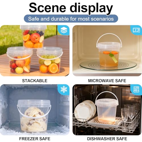 UMETASS 4 Pack 64oz Food Grade Plastic Buckets with Screw Lids & Handle, Reusable Storage Containers for Snacks, Salad, Sauce - Clear Freezer Safe Bucket Set - Image 5