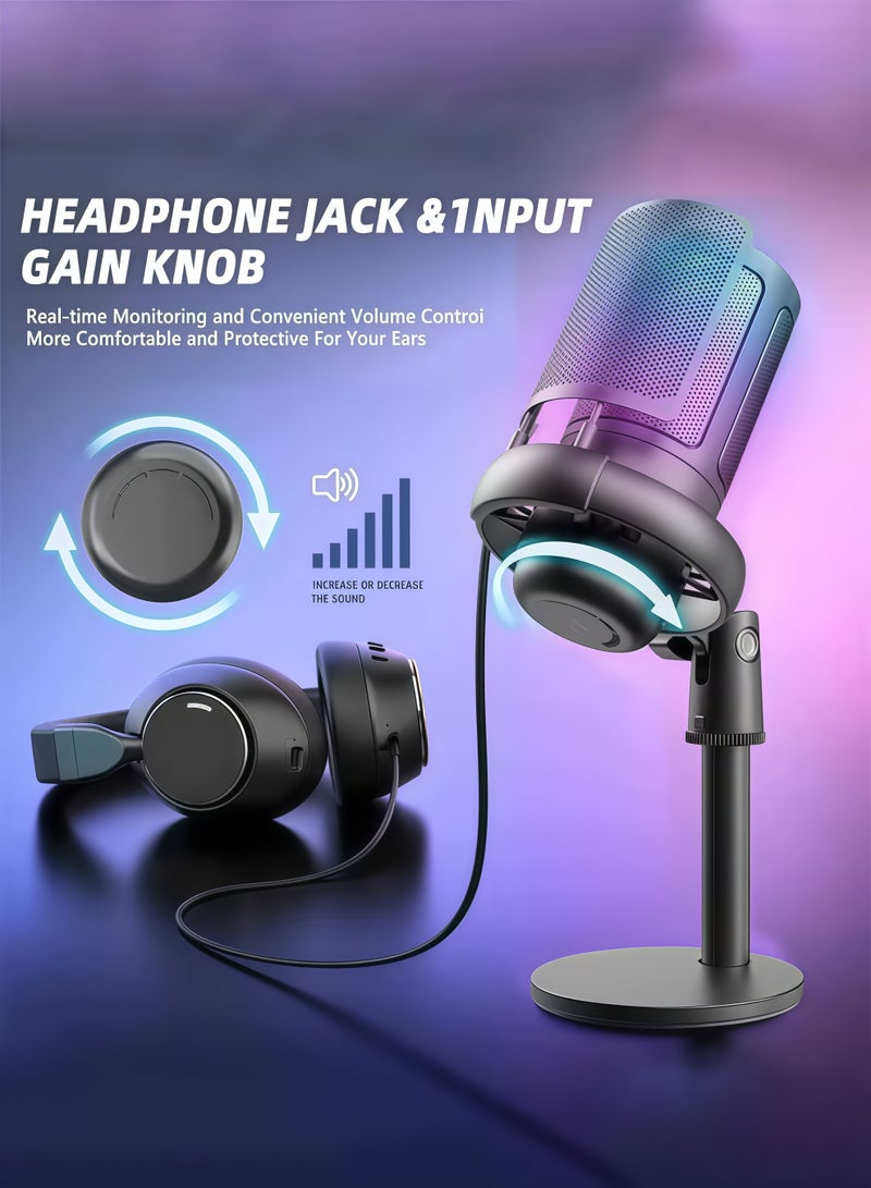 XiuWoo Gaming Microphone,USB Microphone,With Volume Controlling Pop Filter Shock Mount Monitoring Jack And Quick Mute Condenser Microphone With Rgb Lighting For Ps4/ Ps5/ Mac Usb Microphone For Pc Computer Desktop Microphone For Recording Streaming Twitch Discord Youtube,for PS4, PS5, MAC with RGB Control, Mute Switch, Headphone Jack - Image 3