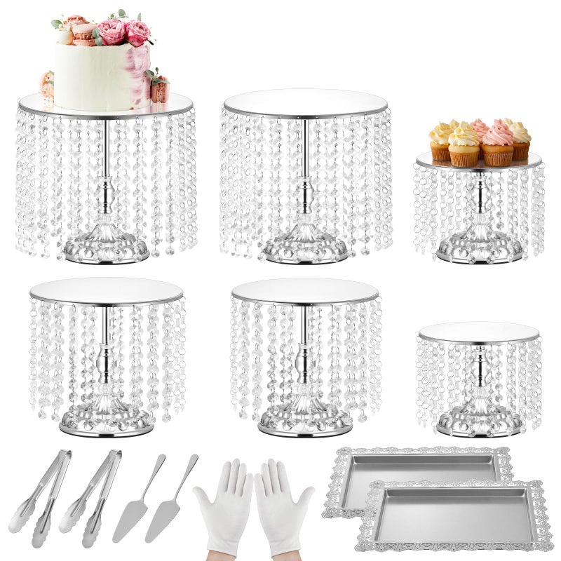 LEIFEOSH 12 Pieces Silver Cake Stand Set, Vintage Cake Display Stand with Crystal Edge and Cupcake Display Tray, Dessert Table Display Set for Wedding Party Baby Shower Anniversary Celebration - Image 1