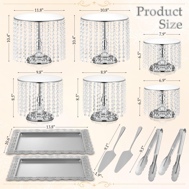 LEIFEOSH 12 Pieces Silver Cake Stand Set, Vintage Cake Display Stand with Crystal Edge and Cupcake Display Tray, Dessert Table Display Set for Wedding Party Baby Shower Anniversary Celebration - Image 3