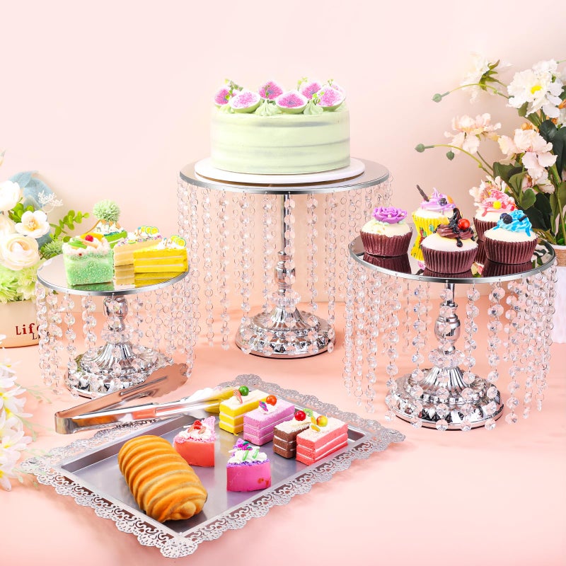 LEIFEOSH 12 Pieces Silver Cake Stand Set, Vintage Cake Display Stand with Crystal Edge and Cupcake Display Tray, Dessert Table Display Set for Wedding Party Baby Shower Anniversary Celebration - Image 2