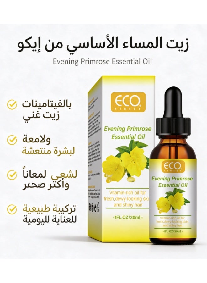 ECO Organic Evening Primrose Essential Oil for Face & Hair, 30ml - Deep Hydration, Anti-Aging, Reduces Fine Lines, Improves Skin Tone & Elasticity - Image 1