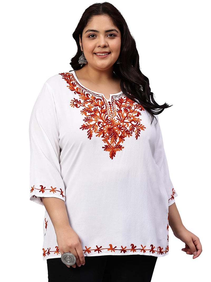 Indietoga Women's Plus Size White Rayon Longline Tunic Tops (10001503_Orange Embroidered_3XL) - Image 1