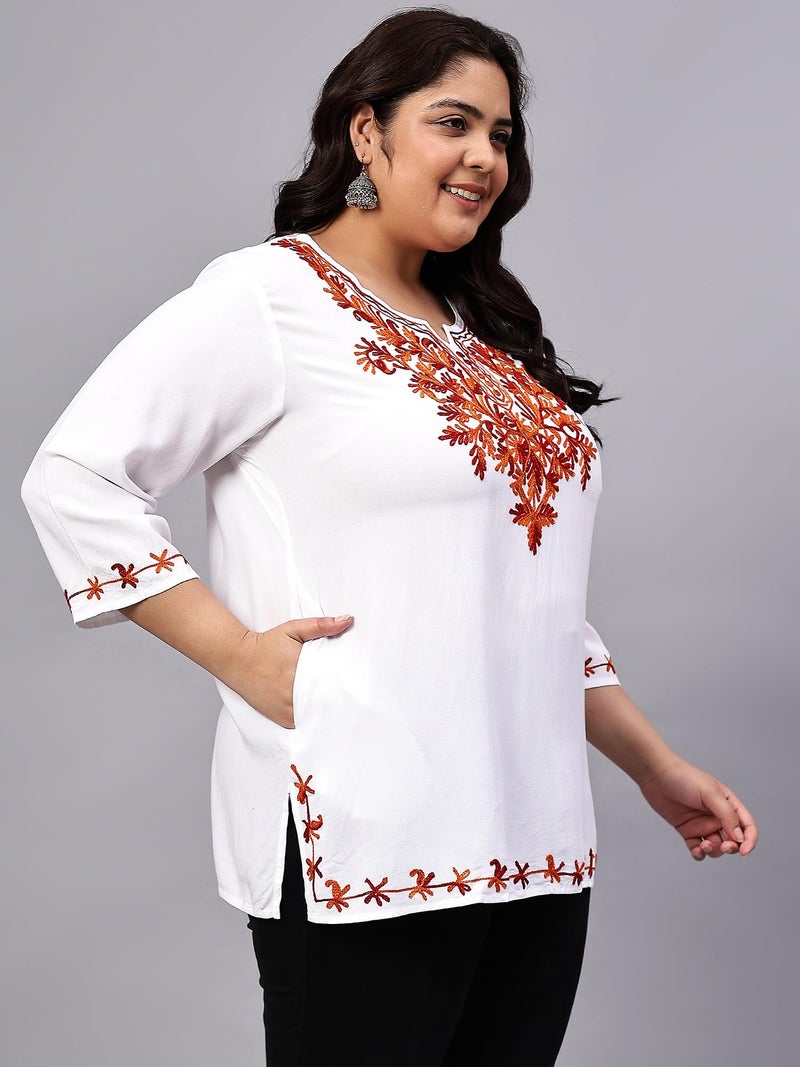 Indietoga Women's Plus Size White Rayon Longline Tunic Tops (10001503_Orange Embroidered_3XL) - Image 4