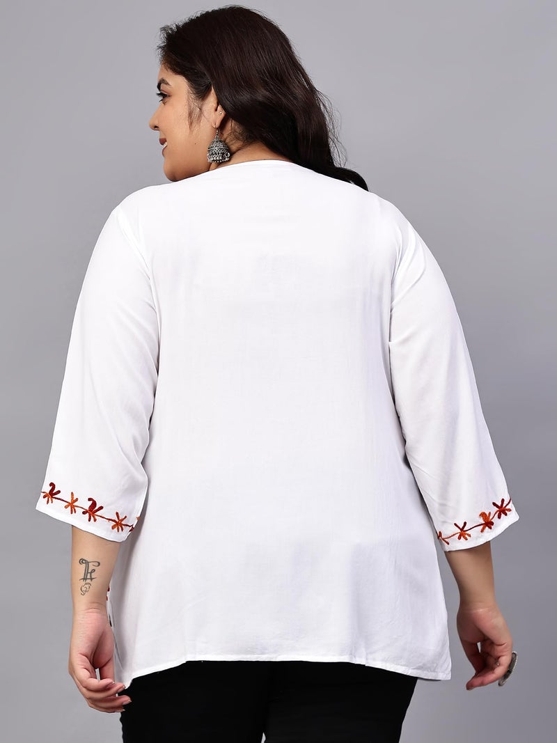 Indietoga Women's Plus Size White Rayon Longline Tunic Tops (10001503_Orange Embroidered_3XL) - Image 5