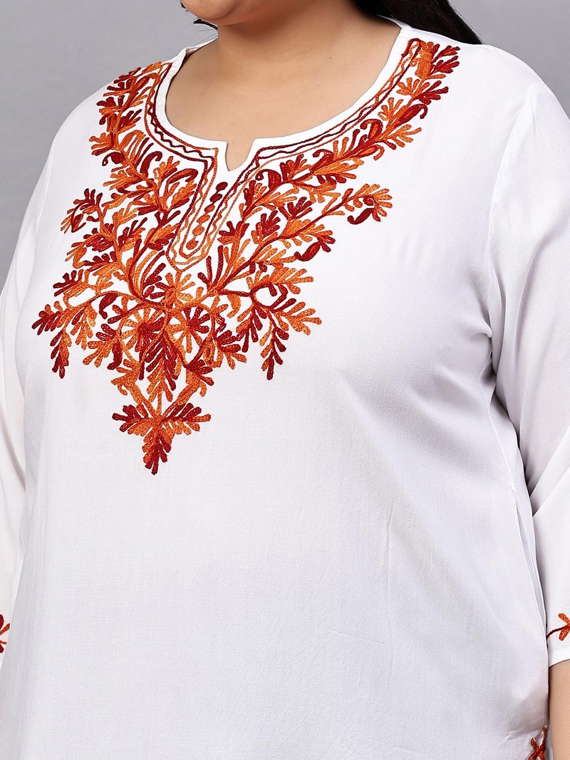 Indietoga Women's Plus Size White Rayon Longline Tunic Tops (10001503_Orange Embroidered_3XL) - Image 3