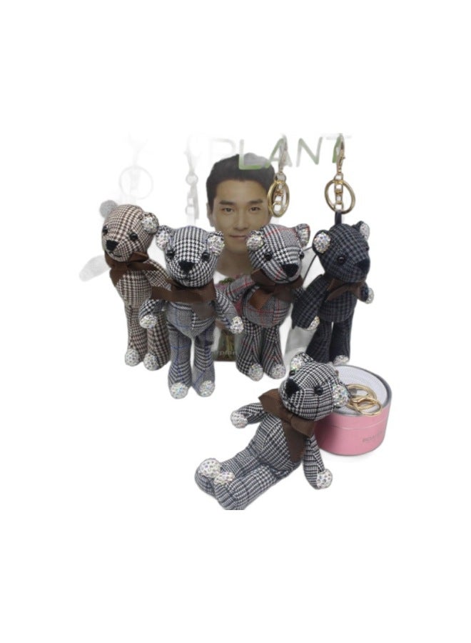 Houndstooth Bowen Bear Doll Bow Tie Teddy Bear Keychain Pendant Fabric Long-legged Bear Plush Toy Doll-Color:Blue Line Without Hand Rope-Height:15cm Small  - Image 5