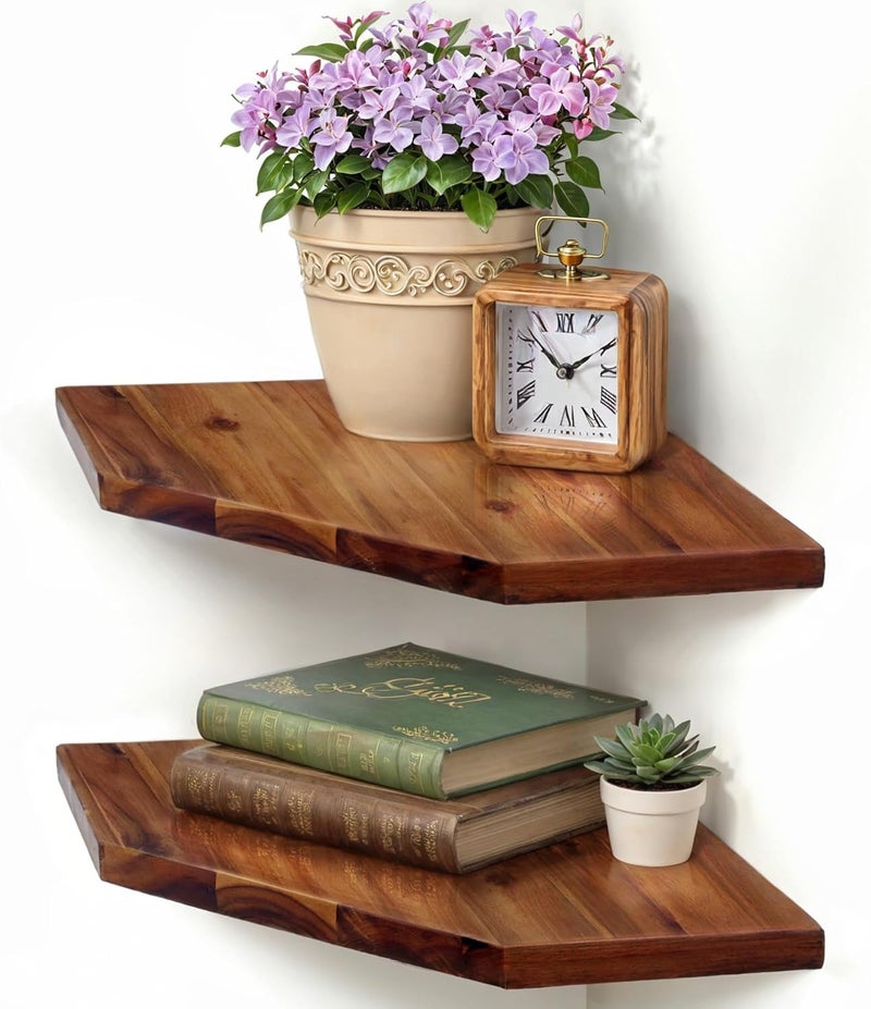 DEMIGO Corner Shelf Wall Mount, Set of 2 Solid Acacia Wood 11.8 x 16.5 inches Floating Corner Shelves, Smooth - Durable - Attractive Corner Shelves for Bedroom Living Room Bathroom Kitchen - Image 1