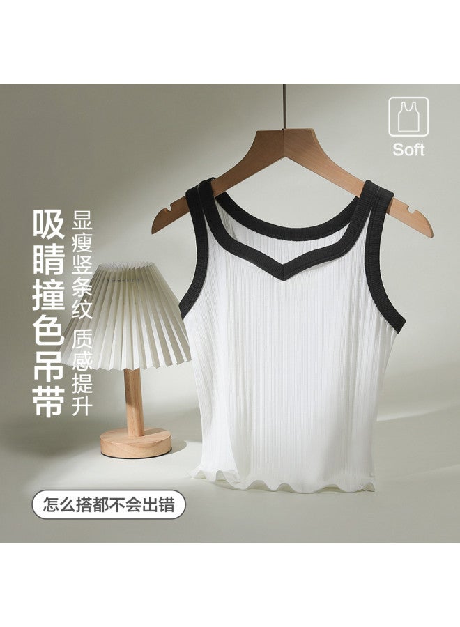 Red Bean Slimming Contrast Sleeveless Vest For Women, Summer Versatile Wear V-Neck Camisole - Image 2