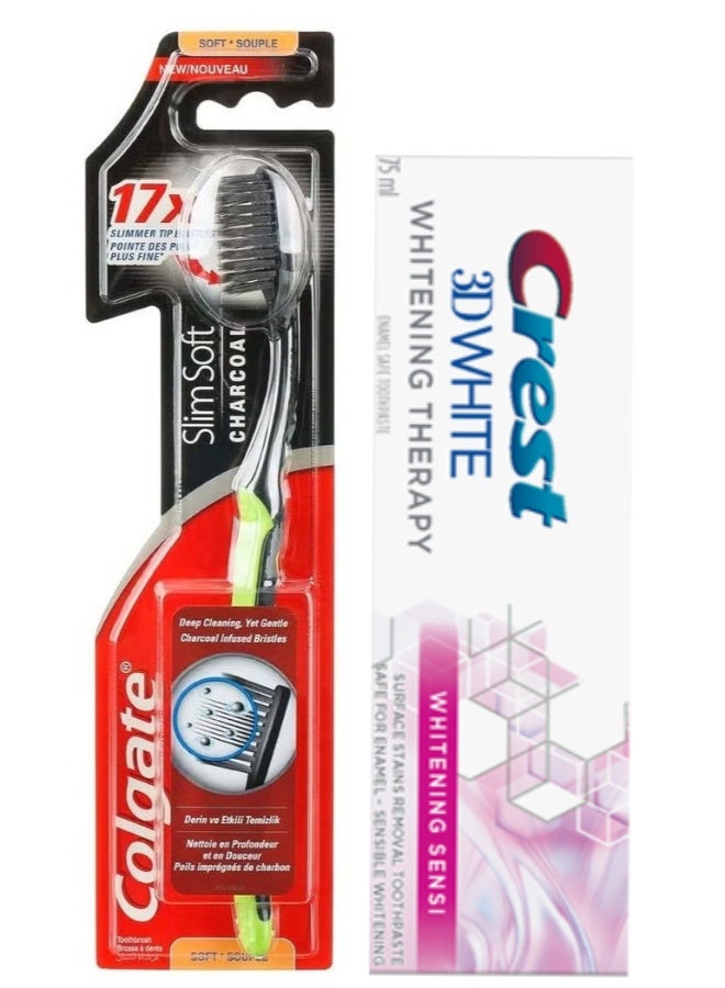 Colgate Colgate Slim Soft Charcoal Toothbrush multicolour plus Crest Toothpaste 3D White  Whitening Sensi 75 ml - Image 1