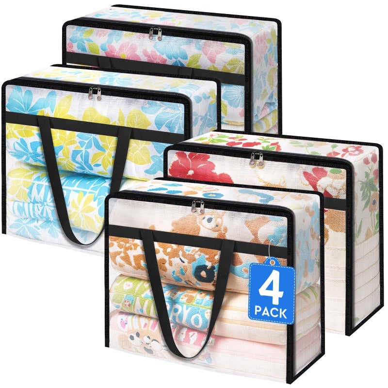 BlissTotes 4 Pack Clear Clothes Storage Bags Moving Bags Foldable Blanket Storage Under Bed Storage Containers with Sturdy Zipper and Handle for Clothing Comforter Bedding Sheet 40L