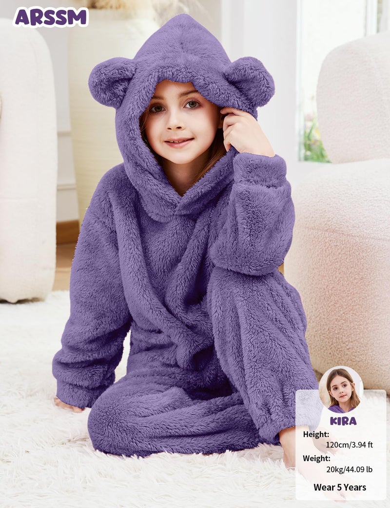 Arssm Girl Pants Sets Two Pieces Outfit Kids Bear Ear Fuzzy Fluffy Hoodie Sweatshirt with Fleece Sweatpants(Purple-4T) - Image 5