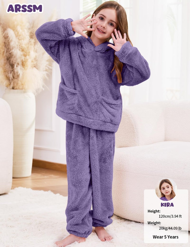 Arssm Girl Pants Sets Two Pieces Outfit Kids Bear Ear Fuzzy Fluffy Hoodie Sweatshirt with Fleece Sweatpants(Purple-4T) - Image 3