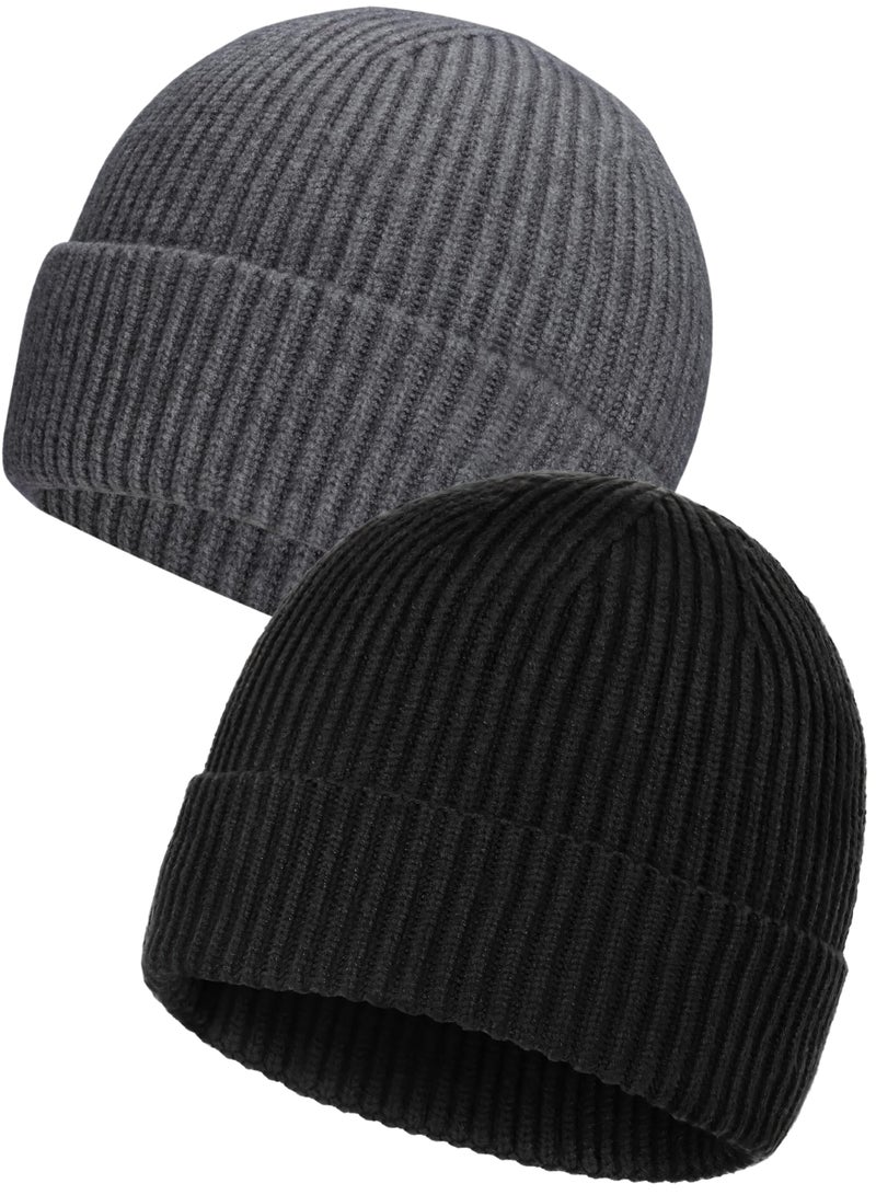 2-Pack Beanie for Men & Women - Cuffed Knit Winter Hats, Warm Slouchy Skull Cap Beanies, Black/Grey - Image 1