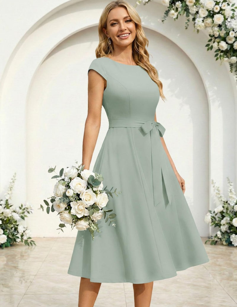 DRESSTELLS Cocktail Womens Dresses for Wedding Guest Semi Formal Spring Easter Summer Vintage Tea Party Modest Western Church Midi Dress Sage Green L - Image 3