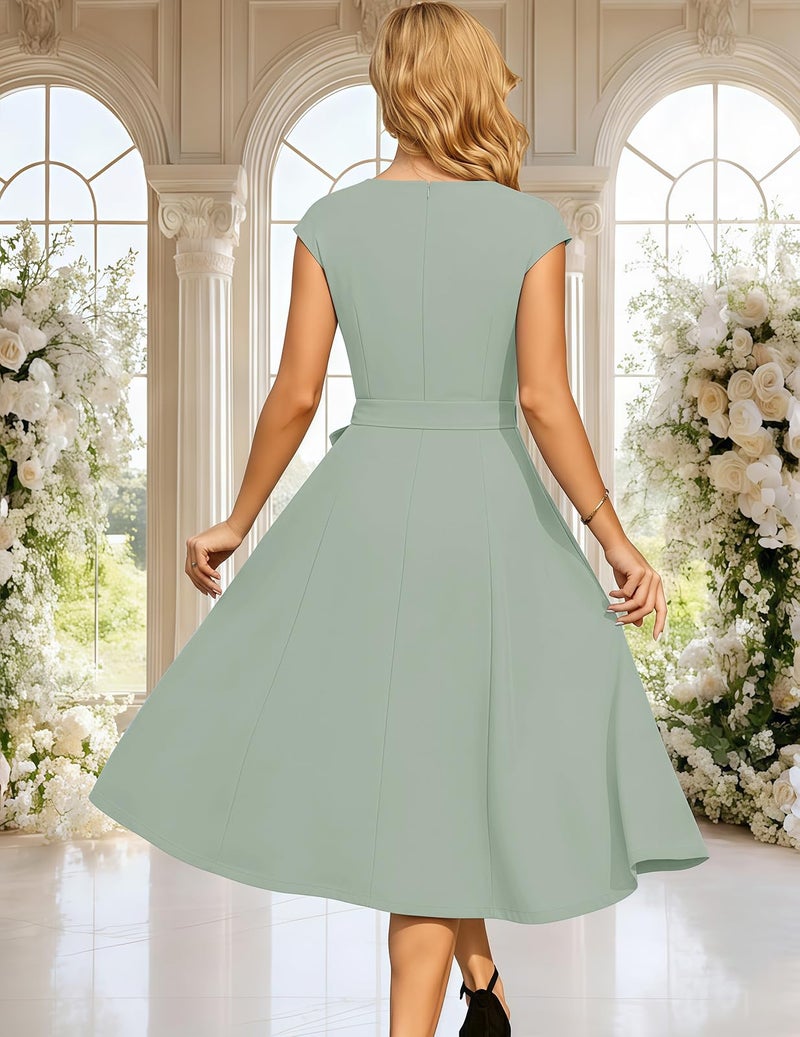DRESSTELLS Cocktail Womens Dresses for Wedding Guest Semi Formal Spring Easter Summer Vintage Tea Party Modest Western Church Midi Dress Sage Green L - Image 4