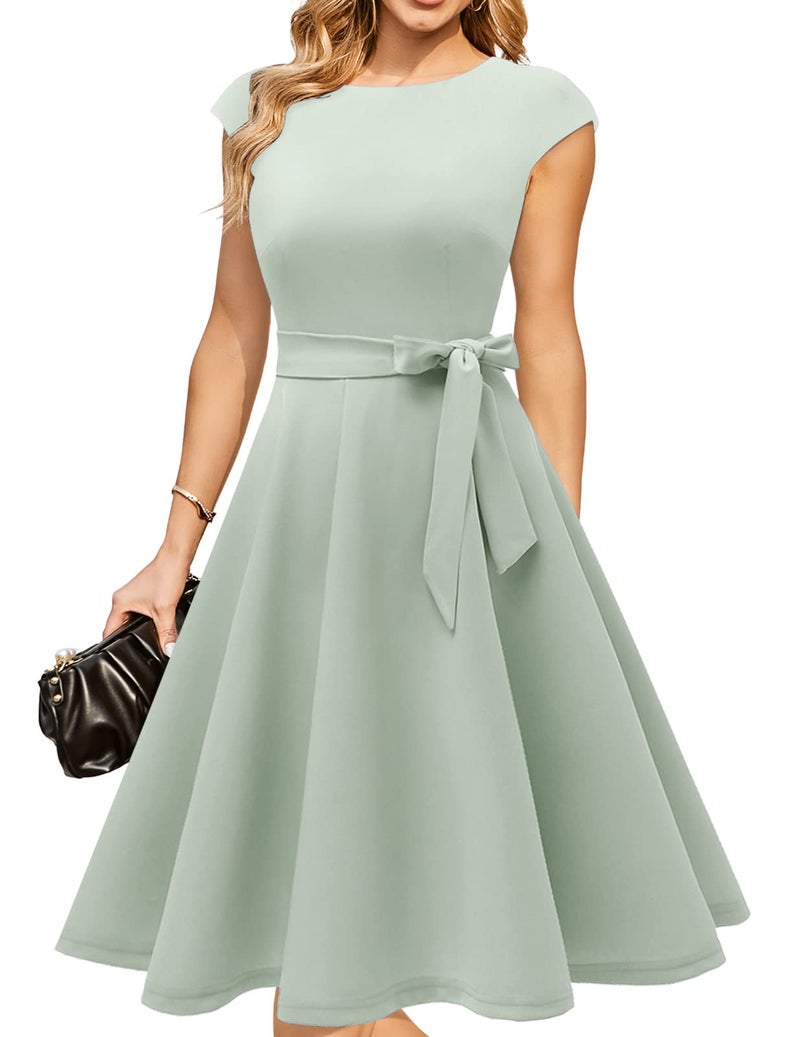 DRESSTELLS Cocktail Womens Dresses for Wedding Guest Semi Formal Spring Easter Summer Vintage Tea Party Modest Western Church Midi Dress Sage Green L - Image 1