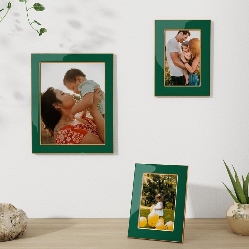 Fun Memories 5x7 Picture Frame - 3pcs Green Enamel Glass Photo Frame with Gold Metal Edge & Easel for Display Picture Frame on Countertops, Tabletops, Bookshelves, Desks, Walls (Green/Gold) - Image 3