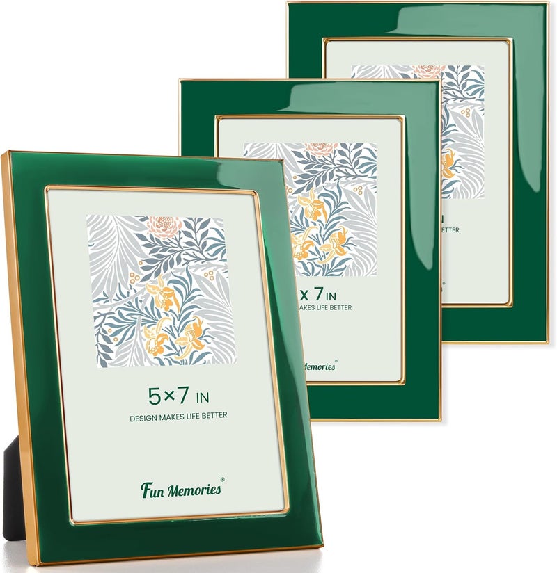 Fun Memories 5x7 Picture Frame - 3pcs Green Enamel Glass Photo Frame with Gold Metal Edge & Easel for Display Picture Frame on Countertops, Tabletops, Bookshelves, Desks, Walls (Green/Gold) - Image 1