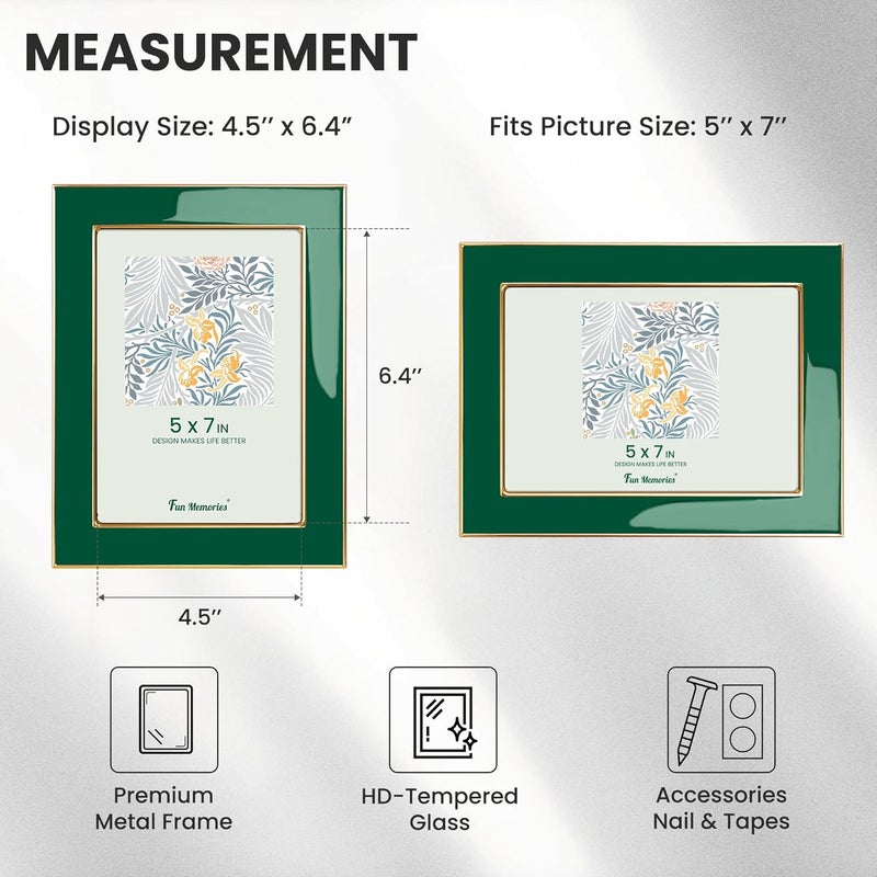 Fun Memories 5x7 Picture Frame - 3pcs Green Enamel Glass Photo Frame with Gold Metal Edge & Easel for Display Picture Frame on Countertops, Tabletops, Bookshelves, Desks, Walls (Green/Gold) - Image 4